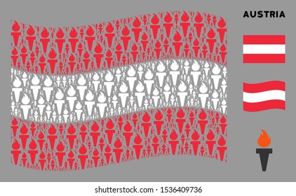 Waving Austrian official flag. Vector freedom fire torch elements are formed into conceptual Austrian flag collage. Patriotic illustration composed of flat freedom fire torch design elements.