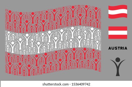Waving Austrian official flag. Vector abstract man elements are combined into mosaic Austria flag composition. Patriotic composition combined of flat abstract man elements.
