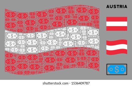 Waving Austrian official flag. Vector dollar banknote design elements are arranged into geometric Austrian flag collage. Patriotic illustration organized of flat dollar banknote design elements.