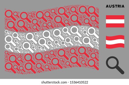 Waving Austrian official flag. Vector search elements are organized into geometric Austrian flag collage. Patriotic concept composed of flat search design elements.
