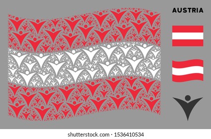 Waving Austrian official flag. Vector futuristic man icons are combined into mosaic Austrian flag abstraction. Patriotic collage done of flat futuristic man icons.