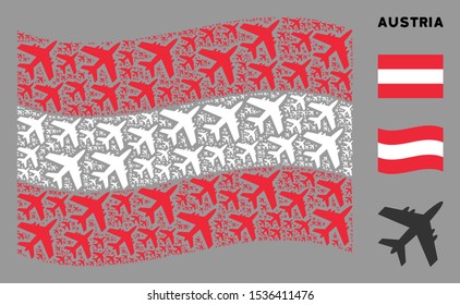 Waving Austrian official flag. Vector jet plane elements are grouped into mosaic Austrian flag collage. Patriotic composition designed of flat jet plane elements.