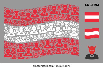 Waving Austrian official flag. Vector devil design elements are scattered into mosaic Austrian flag composition. Patriotic concept constructed of flat devil design elements.
