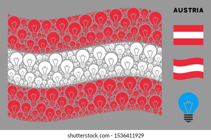 Waving Austrian official flag. Vector electric bulb design elements are organized into mosaic Austrian flag illustration. Patriotic concept combined of flat electric bulb design elements.