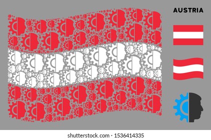 Waving Austrian official flag. Vector android robotics design elements are combined into mosaic Austrian flag collage. Patriotic concept combined of flat android robotics pictograms.