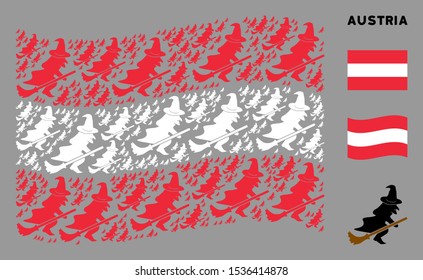 Waving Austrian official flag. Vector flying witch design elements are placed into conceptual Austrian flag illustration. Patriotic concept composed of flat flying witch design elements.