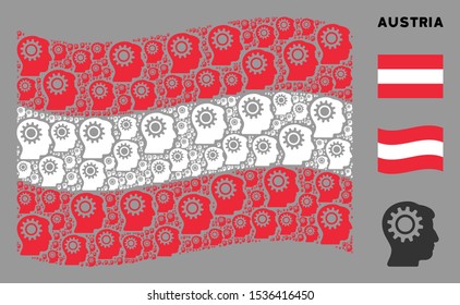 Waving Austrian official flag. Vector intellect gear design elements are united into mosaic Austrian flag abstraction. Patriotic concept created of flat intellect gear design elements.