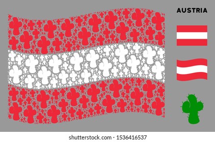 Waving Austrian official flag. Vector cacti design elements are grouped into mosaic Austria flag collage. Patriotic collage composed of flat cacti elements.