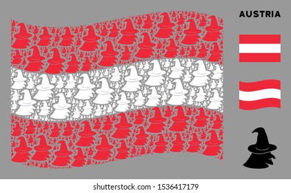 Waving Austrian official flag. Vector witch face elements are united into conceptual Austrian flag illustration. Patriotic illustration combined of flat witch face icons.