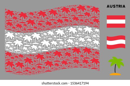 Waving Austrian official flag. Vector island tropic palm elements are combined into mosaic Austria flag collage. Patriotic collage combined of flat island tropic palm pictograms.