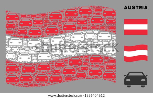 Waving Austrian official\
flag. Vector car icons are arranged into conceptual Austrian flag\
composition. Patriotic composition combined of flat car\
icons.