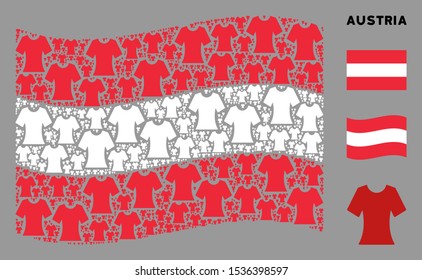 Waving Austrian state flag. Vector lady T-shirt design elements are placed into geometric Austria flag collage. Patriotic concept constructed of flat lady T-shirt design elements.
