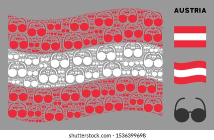 Waving Austrian state flag. Vector spectacles icons are combined into geometric Austria flag illustration. Patriotic illustration constructed of flat spectacles icons.