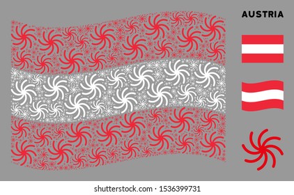 Waving Austrian state flag. Vector spiral galaxy elements are formed into geometric Austrian flag collage. Patriotic collage organized of flat spiral galaxy pictograms.