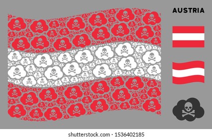 Waving Austrian state flag. Vector toxic smoke items are grouped into conceptual Austrian flag illustration. Patriotic illustration done of flat toxic smoke pictograms.