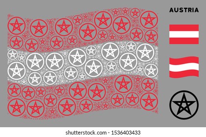 Waving Austrian state flag. Vector star pentacle design elements are grouped into mosaic Austrian flag collage. Patriotic collage organized of flat star pentacle elements.