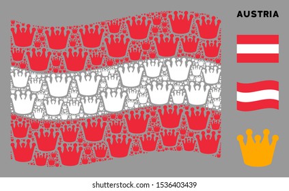 Waving Austrian state flag. Vector royal design elements are scattered into geometric Austrian flag collage. Patriotic illustration designed of flat royal design elements.