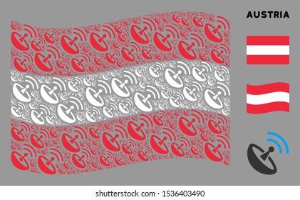 Waving Austrian state flag. Vector space antenna items are arranged into mosaic Austrian flag composition. Patriotic composition organized of flat space antenna pictograms.
