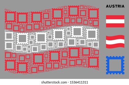 Waving Austrian state flag. Vector postage stamp elements are organized into conceptual Austrian flag abstraction. Patriotic illustration composed of flat postage stamp elements.