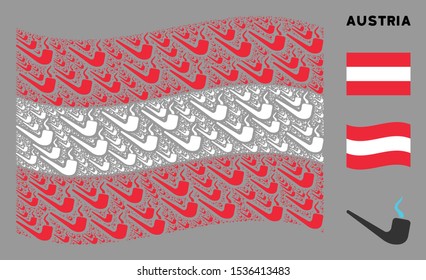 Waving Austrian state flag. Vector smoking pipe elements are combined into mosaic Austria flag composition. Patriotic composition combined of flat smoking pipe icons.