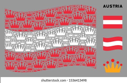 Waving Austrian state flag. Vector crown design elements are formed into mosaic Austrian flag collage. Patriotic illustration created of flat crown design elements.