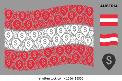 Waving Austrian state flag. Vector banking map marker design elements are arranged into conceptual Austrian flag abstraction. Patriotic concept constructed of flat banking map marker design elements.
