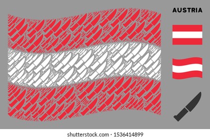 Waving Austrian state flag. Vector kitchen knife pictograms are organized into geometric Austrian flag illustration. Patriotic illustration designed of flat kitchen knife pictograms.