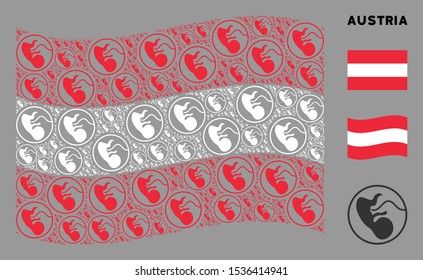 Waving Austrian state flag. Vector prenatal icons are combined into mosaic Austrian flag illustration. Patriotic illustration created of flat prenatal design elements.