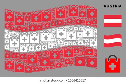 Waving Austrian state flag. Vector first aid kit pictograms are arranged into conceptual Austrian flag illustration. Patriotic concept done of flat first aid kit pictograms.