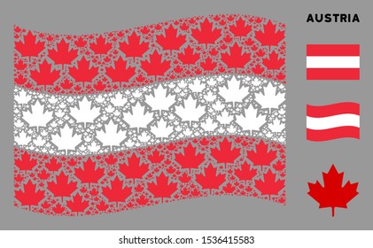 Waving Austrian state flag. Vector maple leaf design elements are united into geometric Austrian flag abstraction. Patriotic composition combined of flat maple leaf design elements.