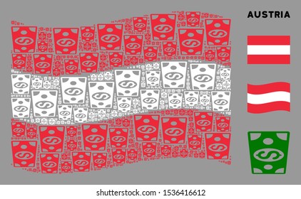 Waving Austrian state flag. Vector dollar banknote pictograms are arranged into conceptual Austrian flag illustration. Patriotic illustration composed of flat dollar banknote pictograms.