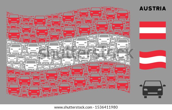 Waving Austrian state flag.\
Vector car elements are placed into conceptual Austrian flag\
illustration. Patriotic illustration organized of flat car design\
elements.