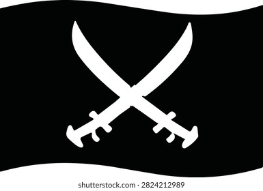 A waving black pirate flag featuring two crossed white cutlasses in a classic Jolly Roger style. This striking maritime symbol of rebellion and danger is perfect for historical, nautical, or adventure-themed design projects.