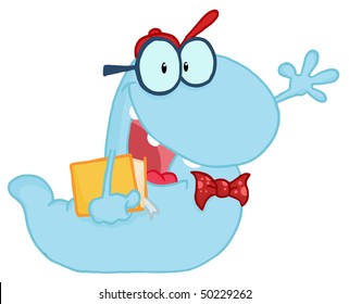 Waving Blue Worm Student Carrying A Book