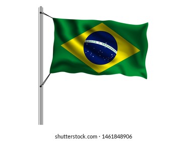 Waving Brazil flag on flagpole on isolated background, flag of Brazil, vector illustration