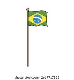 Waving Brazil Flag on Pole Against White Background