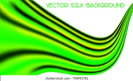 Waving Bright Green Silk Fabric like Flag, Scarf Isolated on White Background - Vector Flying Satin Ribbon 
