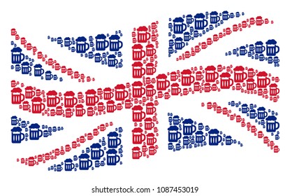 Waving British flag collage made of beer glass design elements. Vector beer glass icons are organized into conceptual UK flag composition.
