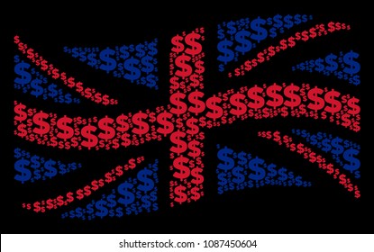 Waving British flag composition organized of dollar icons. Vector dollar items are organized into conceptual English flag composition.