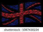 Waving British flag mosaic organized of UFO elements. Vector UFO design elements are formed into mosaic English flag illustration.