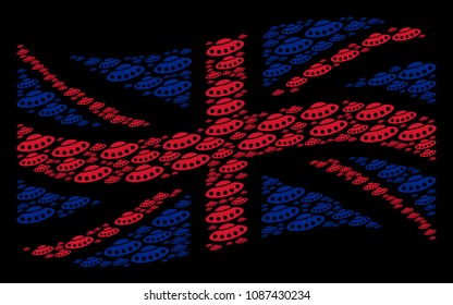 Waving British flag mosaic organized of UFO elements. Vector UFO design elements are formed into mosaic English flag illustration.