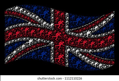 Waving British flag on a black background. Vector scuba diver icons are placed into conceptual UK flag composition. Patriotic composition done of scuba diver design elements.