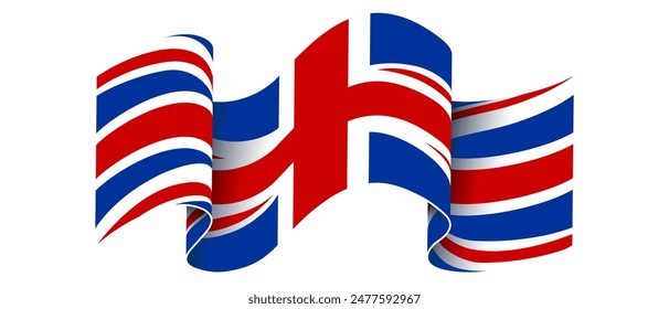 A waving british flag on white background. Banner with waving United Kingdom flag. RGB colors red, blue,white. Vector illustration.