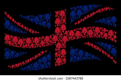 Waving British official flag collage done of opium poppy design elements. Vector opium poppy pictograms are composed into mosaic United Kingdom flag illustration.