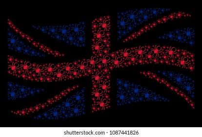 Waving British official flag composition composed of spider pictograms. Vector spider elements are composed into conceptual British flag abstraction.