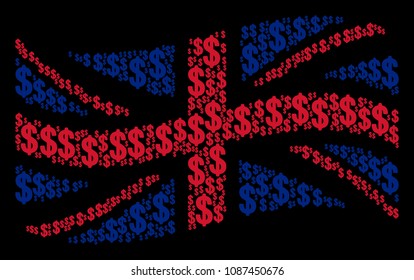 Waving British official flag composition composed of dollar pictograms. Vector dollar pictograms are combined into mosaic United Kingdom flag abstraction.