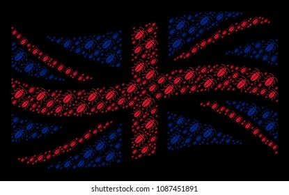 Waving British official flag composition organized of cockroach design elements. Vector cockroach items are united into mosaic UK flag abstraction.