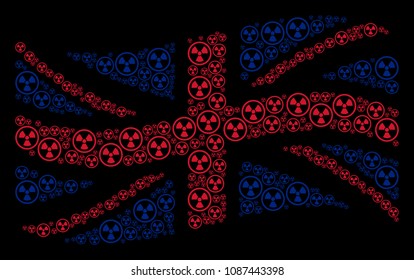 Waving British official flag concept made of radioactive design elements. Vector radioactive design elements are formed into conceptual Great Britain flag collage.