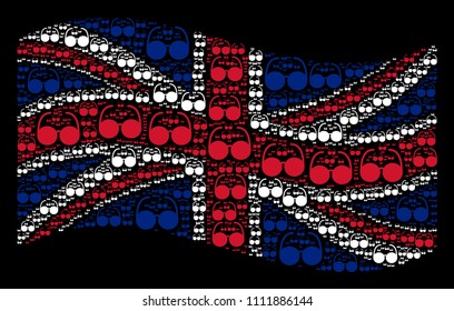 Waving British official flag on a black background. Vector spectacles pictograms are formed into mosaic UK flag composition. Patriotic collage combined of spectacles design elements.