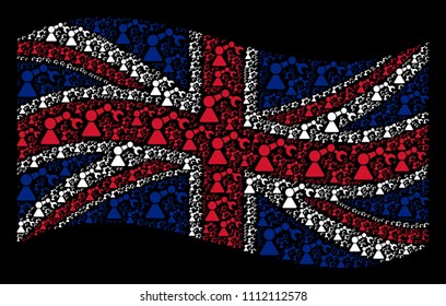 Waving British official flag on a black background. Vector robotics manipulator pictograms are arranged into mosaic UK flag illustration. Patriotic collage created of robotics manipulator icons.